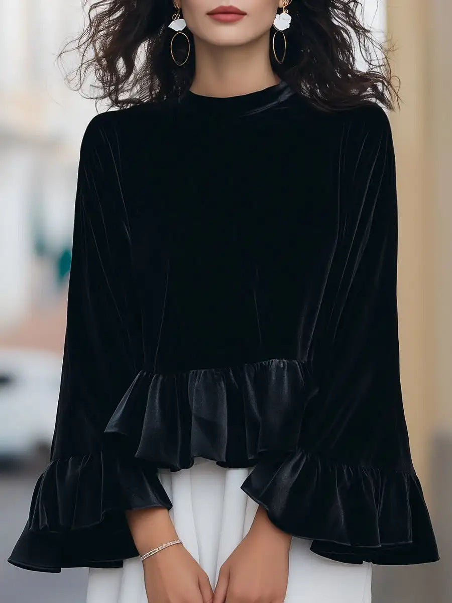 Womens Solid-Color Long-Sleeve Crew-Neck Ruffle-Trim Sweatshirt Top