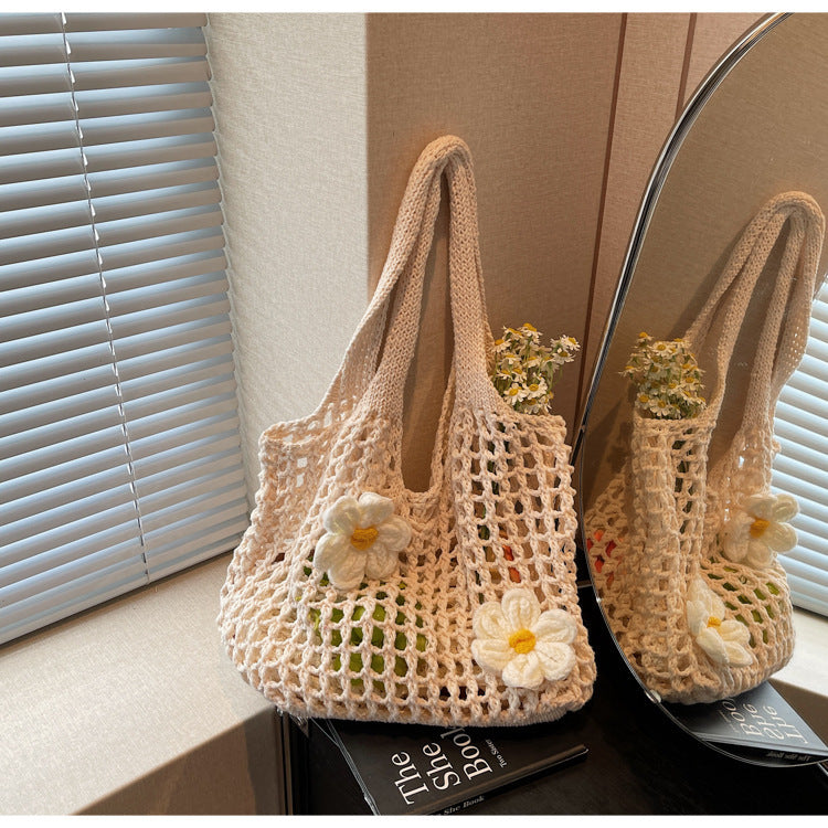 Knitted Handbag Woven Mesh Hollow Out Flower Large Capacity Versatile Shoulder Bag