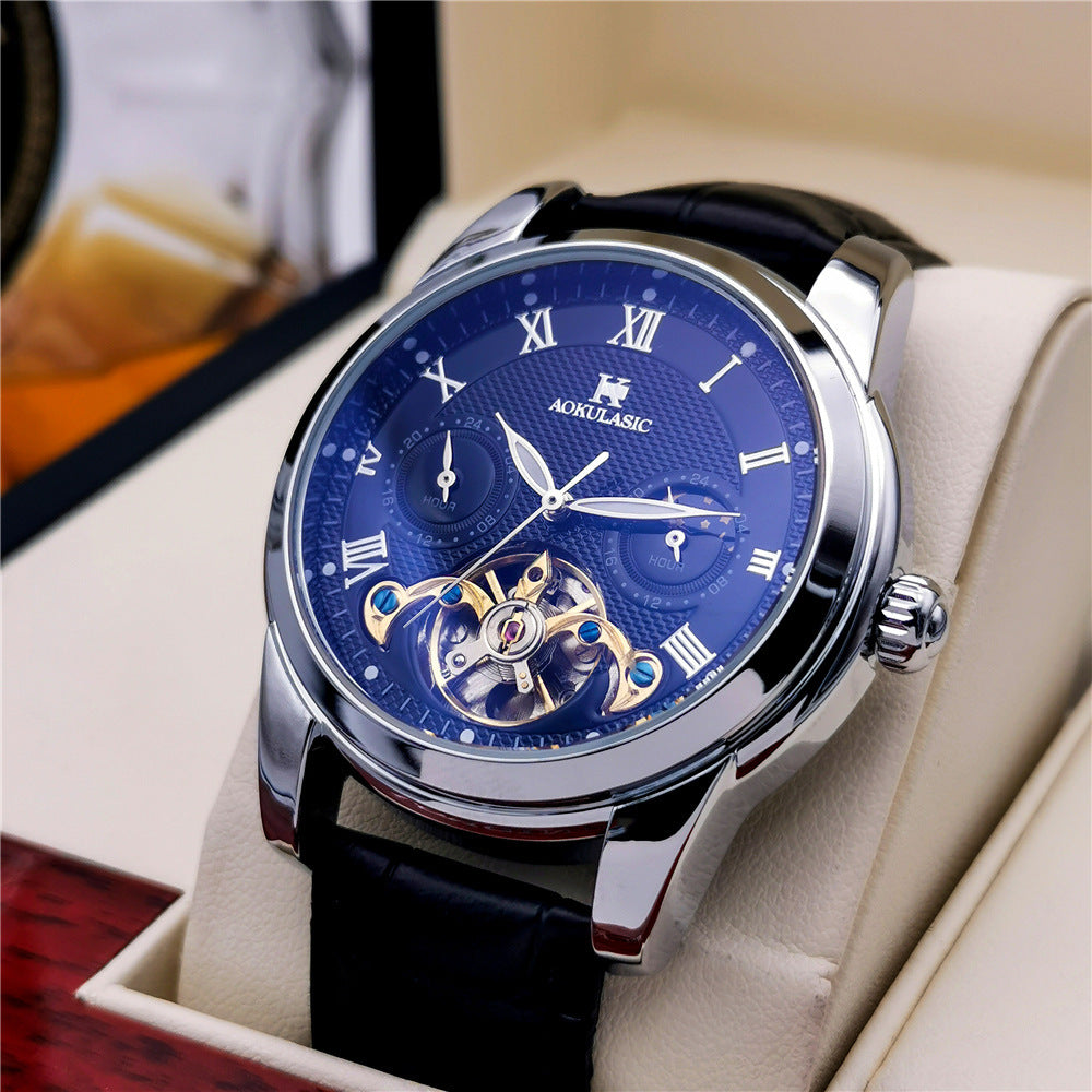 Mens Fashion Luminous Hollow-Out Casual Semi-Automatic Mechanical Watch
