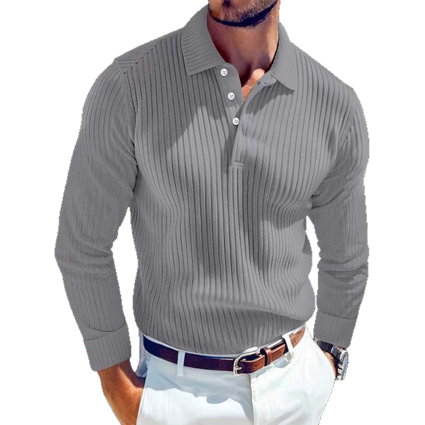 Men's Polo T-shirt With A Turn-down Collar Spring Summer Business Buttoned Long-sleeve Sports Retro Style Striped Polo Shirt For Daily Wear