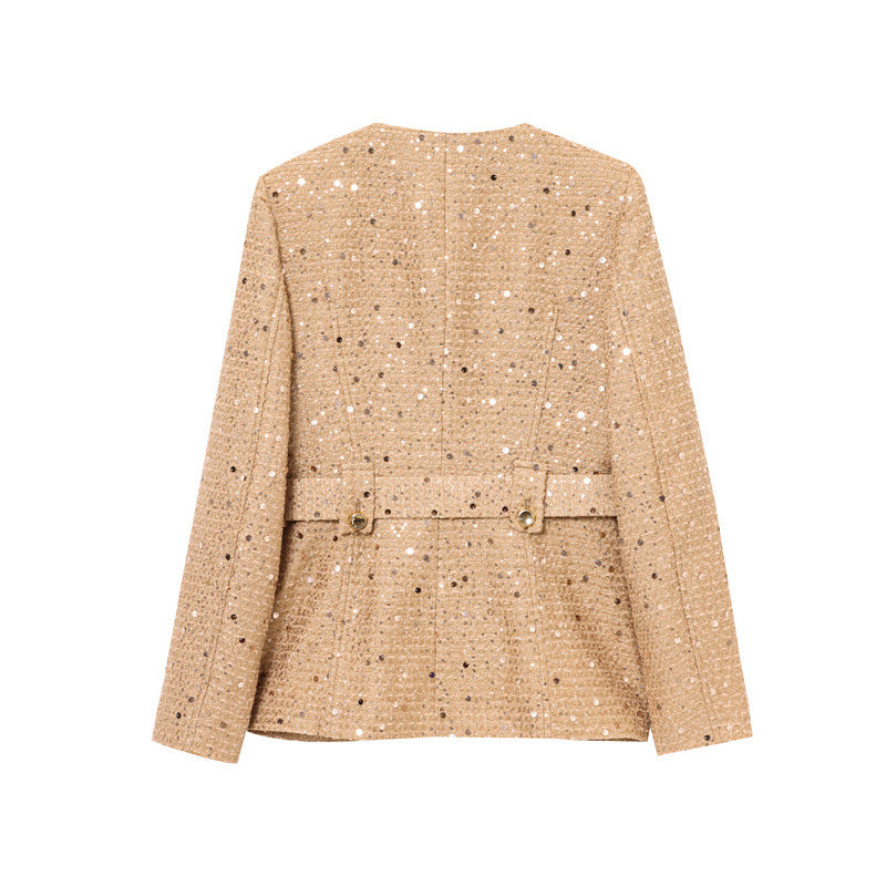 Fashion With Belt Beads Decoration Round Neck Blazer