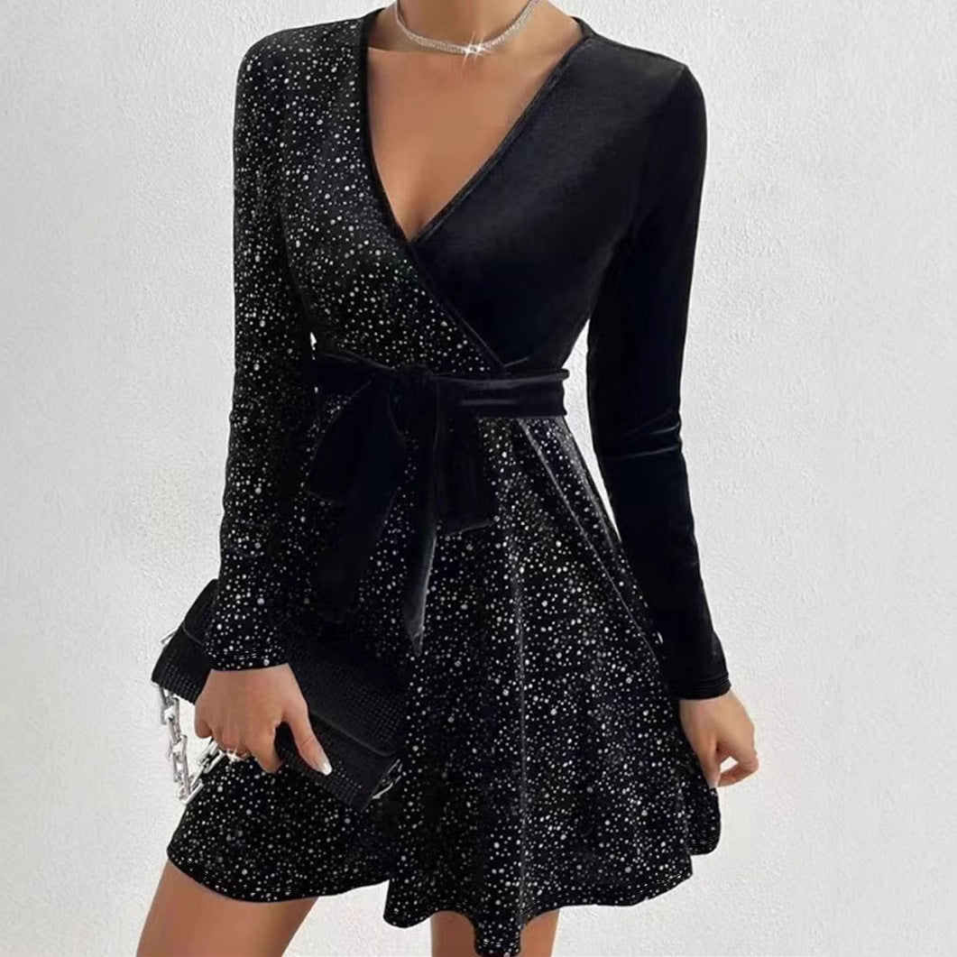 Fashionable And Elegant Long-sleeve V-neck Sequin Dress