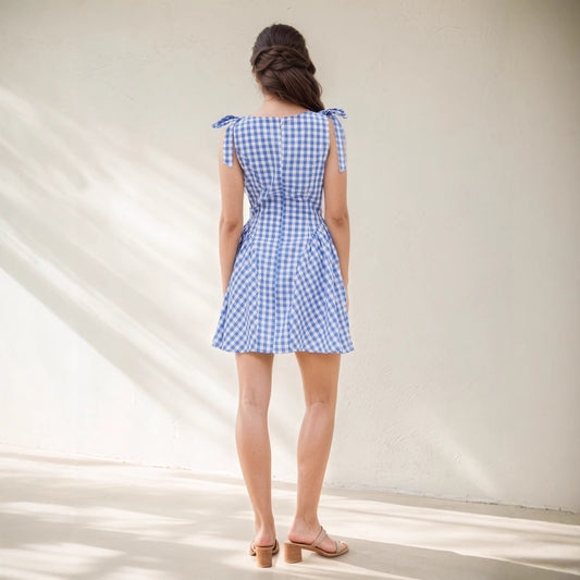 Womens Fashion Plaid Striped Belted Waist Dress