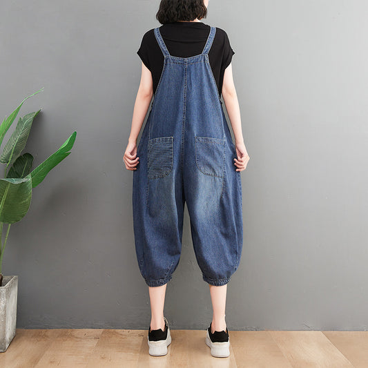 Women's New Style Denim Overalls Loose Retro Slim Stripes