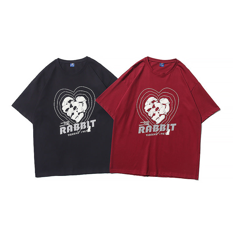 Red Collarless Loose Short Sleeve Teen