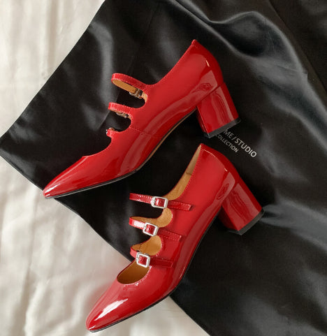 Women's Round Toe Buckle Thick Mid Heel Pumps Shoes