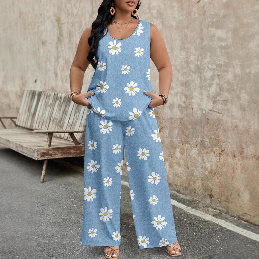 Fashion Casual Printed Sleeveless Wide-leg Pants Set