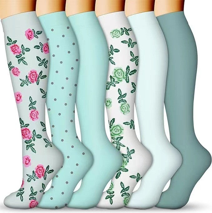 Combination Pattern Long Tube Sports Compression Stockings 6 Pairs