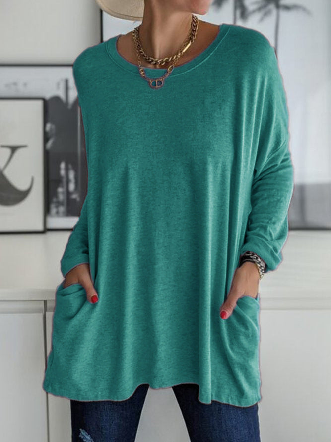 Spring And Summer New Round Neck Long Sleeve Loose Pockets Solid Color