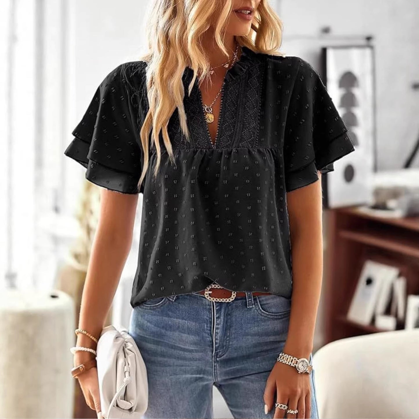 European And American Elegant Resort Style Deep V-Lace Short-Sleeve
