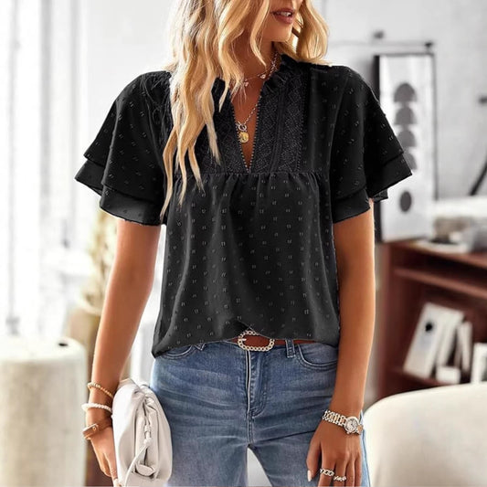 European And American Elegant Resort Style Deep V-Lace Short-Sleeve