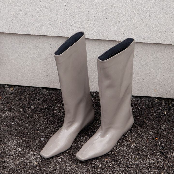 Trendy Black Large Barrel Women's Boots Versatile Square Toe Kitten Heel Knee-high Straight Tube Soft Leather Boots