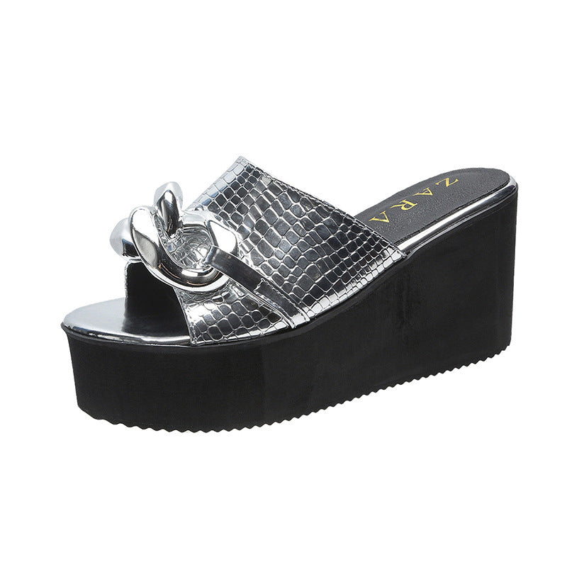 Women's Platform Platform Sandals And Slippers With Wedge Heel And Golden Chain