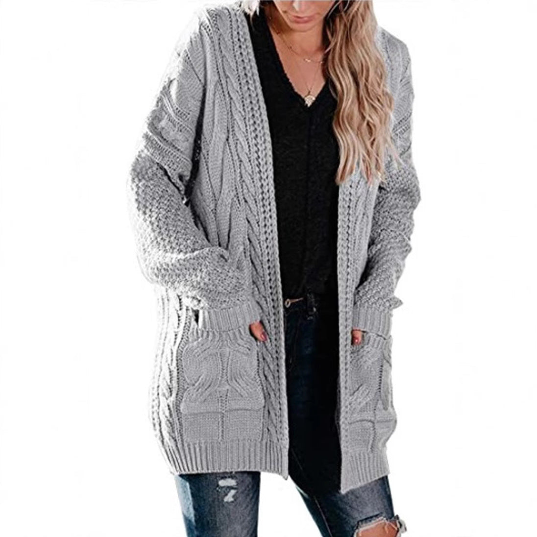 Women's Mid-length Twist Pocket Knitted Cardigan Sweater