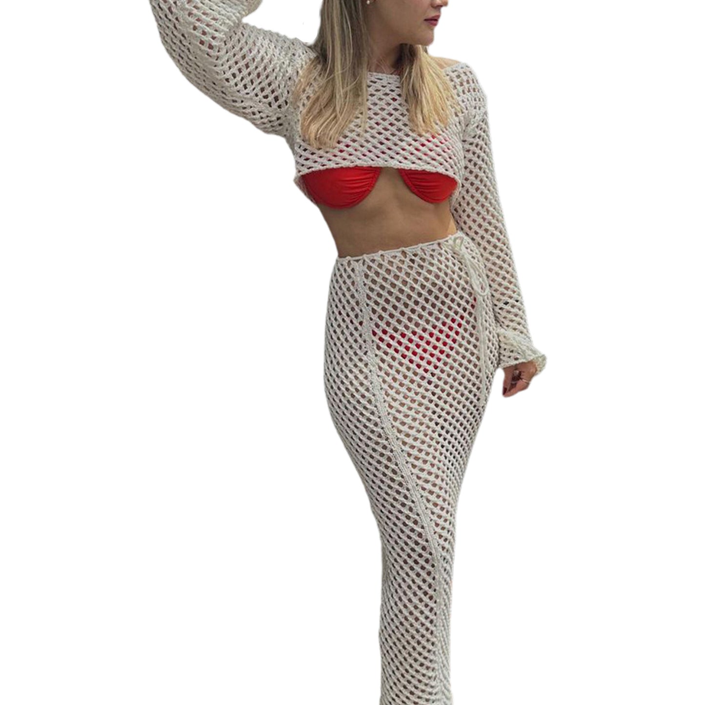 Womens Cropped Long-Sleeve Knitted Top And Skirt Set