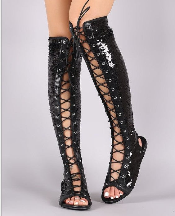 Women's High-top Roman Sandals With Sequins