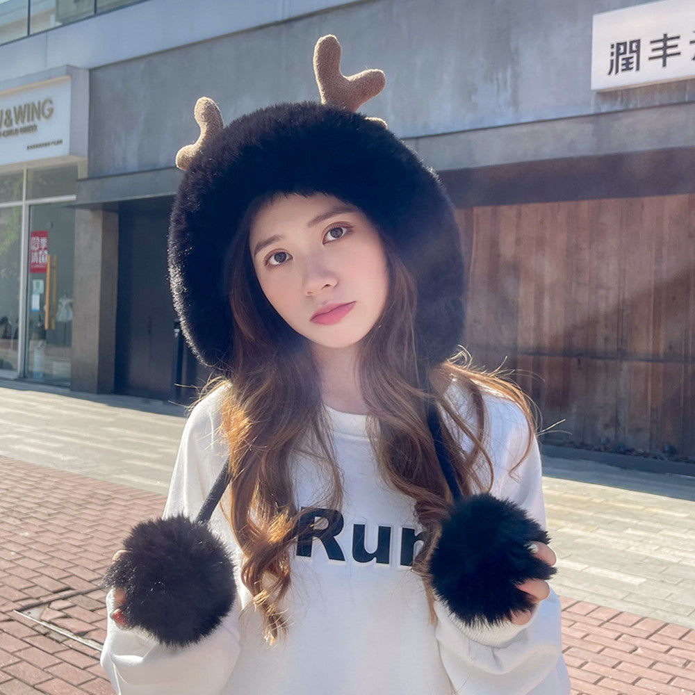 Cute Plush Antler Knitted Hat With Three Hair Balls