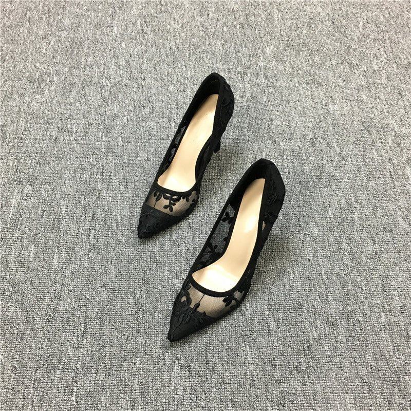 Shallow High Heels Stiletto Pointed Flower Mesh Lace All-match Single Shoes