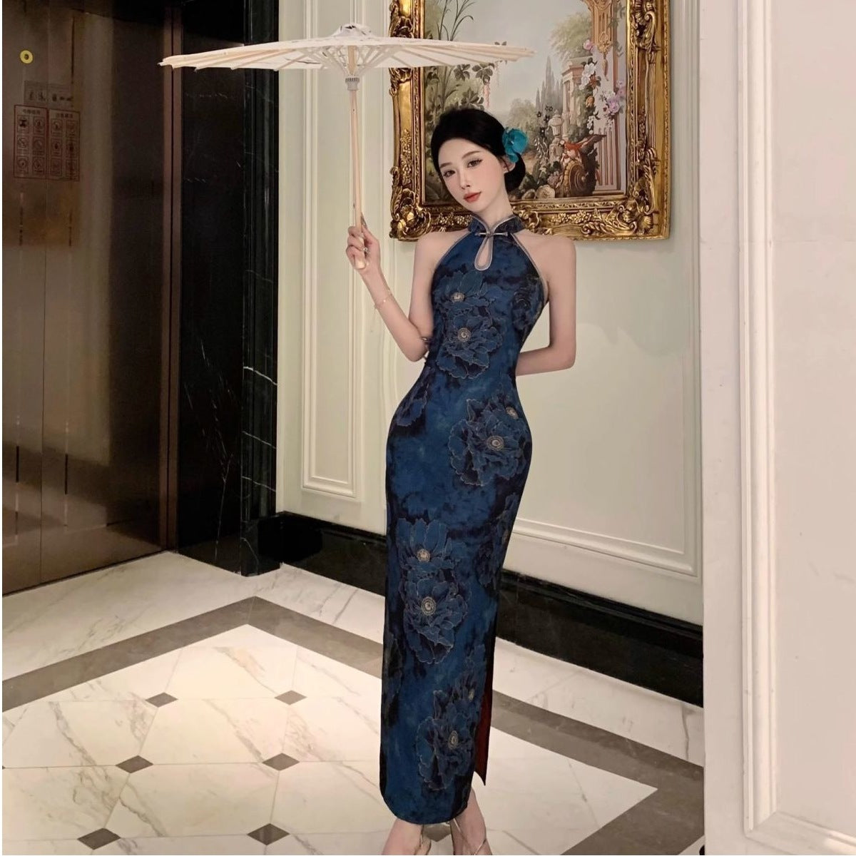 Womens Retro Printed Cheongsam Dress