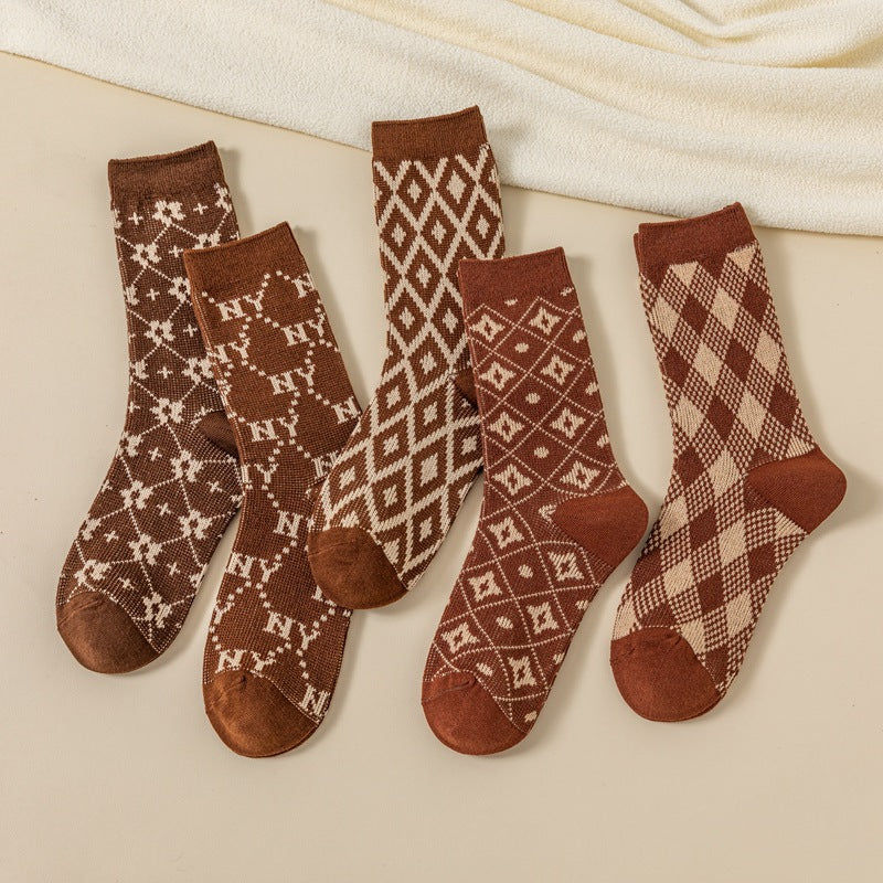 Trendy Retro Double Needle Diamond Plaid Socks