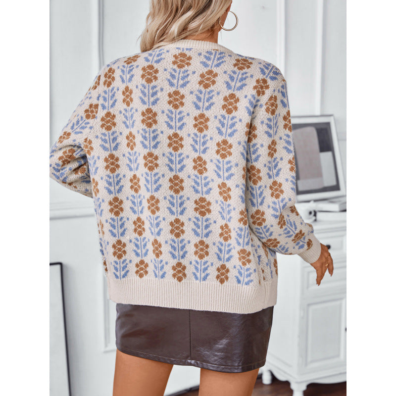 Lady's Flower Jacquard Sweater Cardigan Coat