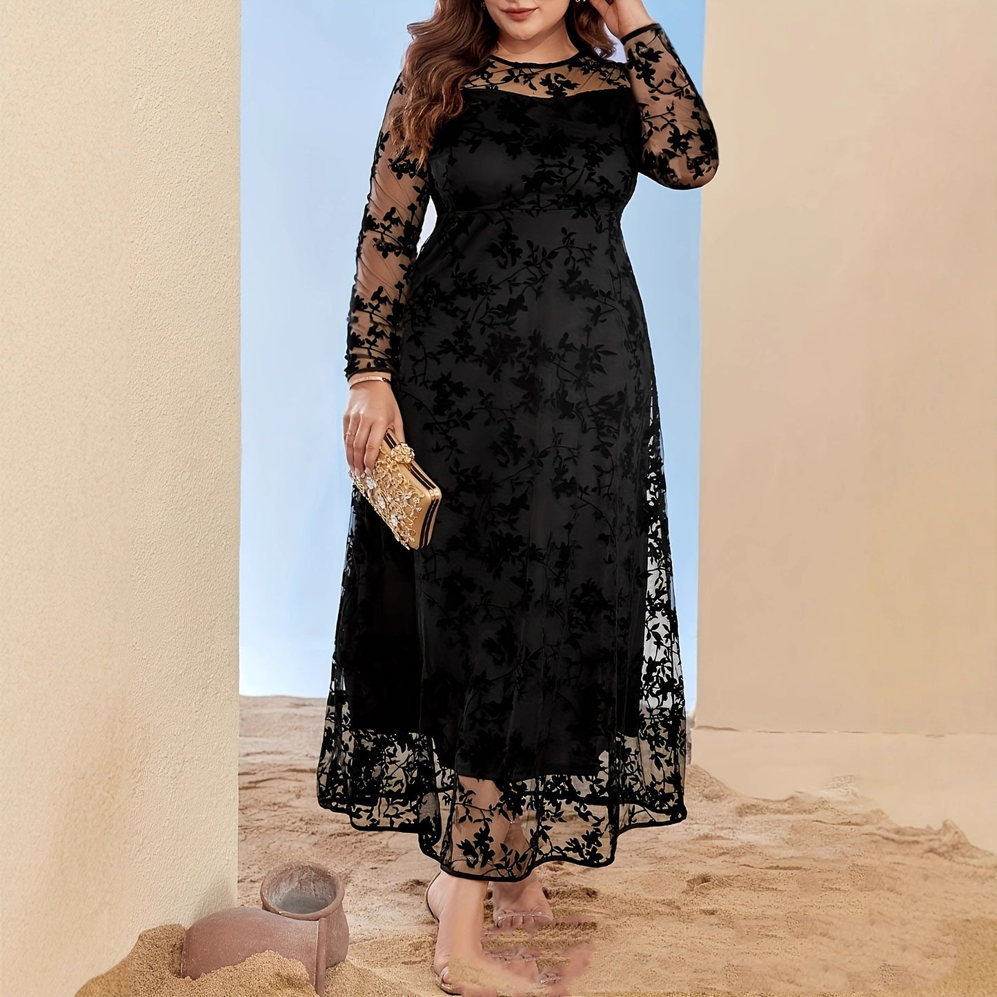 Womens Square-Neck Lace Jacquard Long-Sleeve Dress With Ties