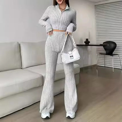 Fashionable Solid-Color Ribbed Two-Piece Set Zip-Up Long-Sleeve Cropped Top And High-Waist Flare Pants Suit