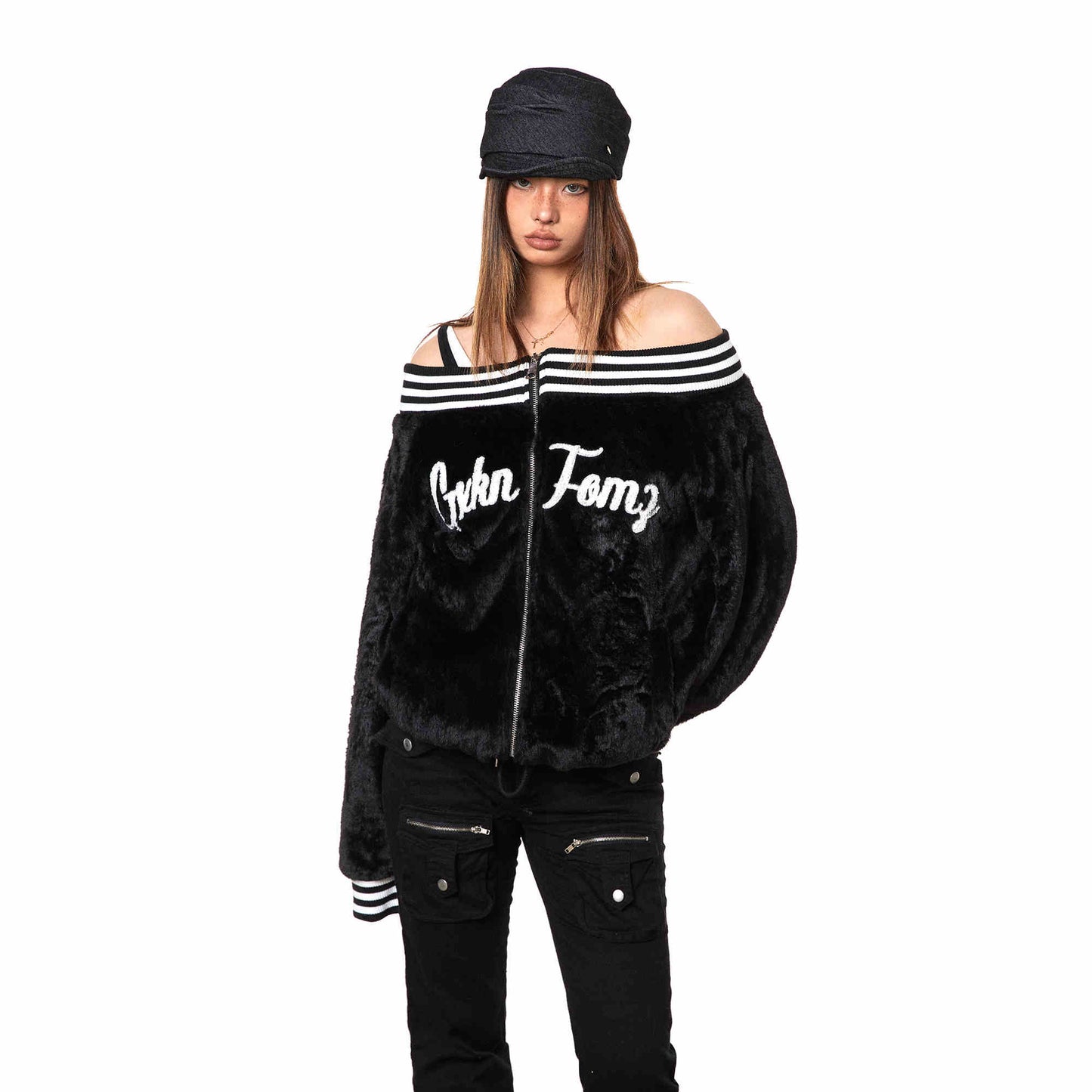 Loose Retro Off-shoulder Plush Embroidery Lamb Wool Coat