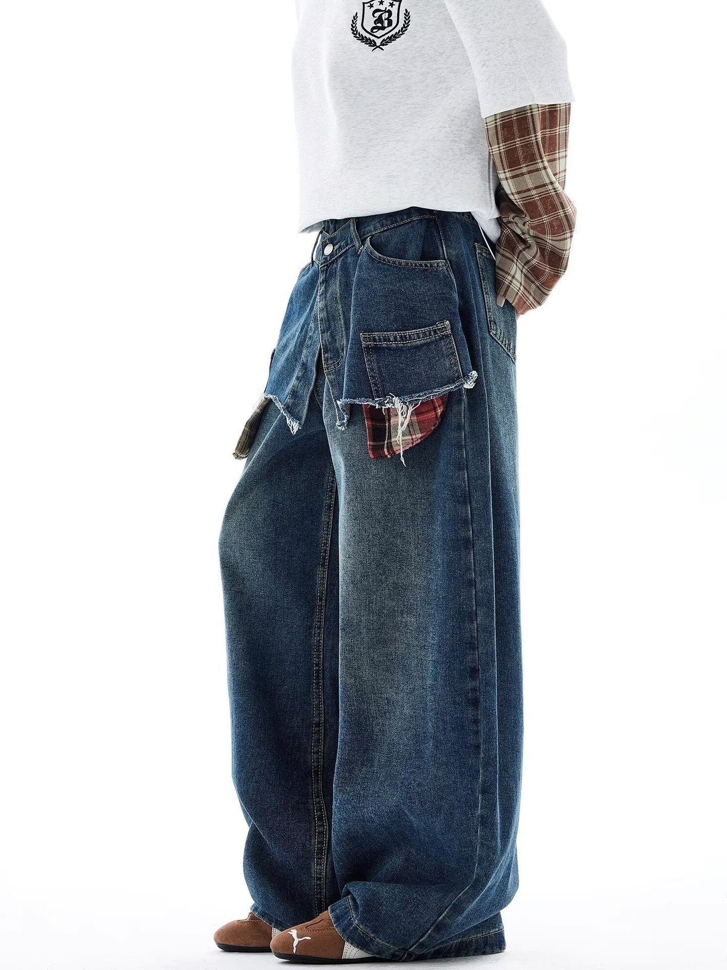 American-style Retro Faux Two-piece Plaid Patchwork Jeans