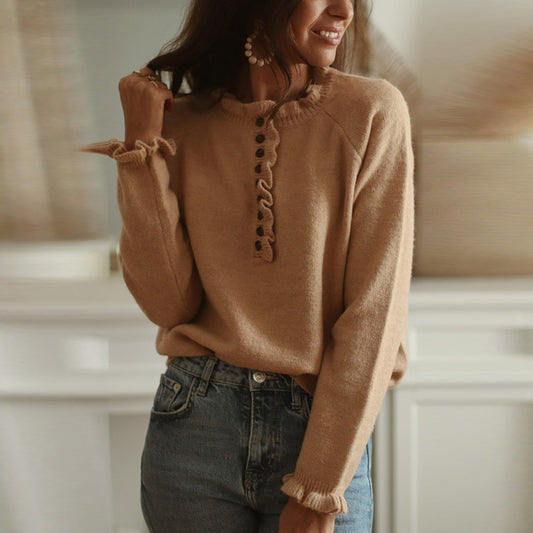 New Style Frill Button Knitted Pullover Crew Neck Sweater Women