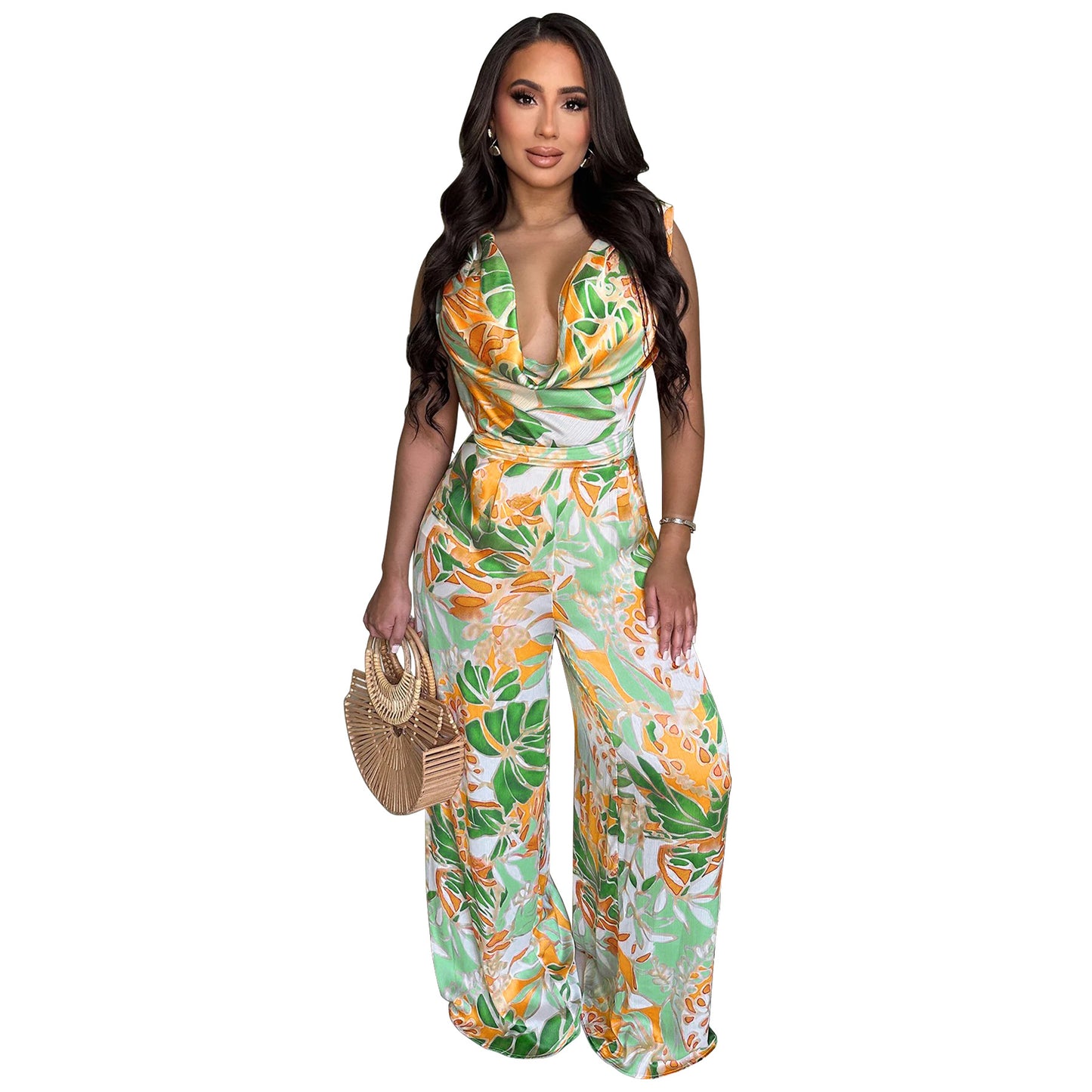 Women's Sleeveless Lace-up Wide-leg Printed Jumpsuit