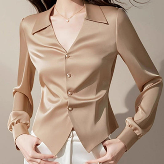 V-neck Long Sleeve Waist Trimming Shirt Women