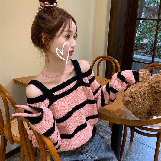 Vintage Stripe Contrast Color Long Sleeves Short Sweater
