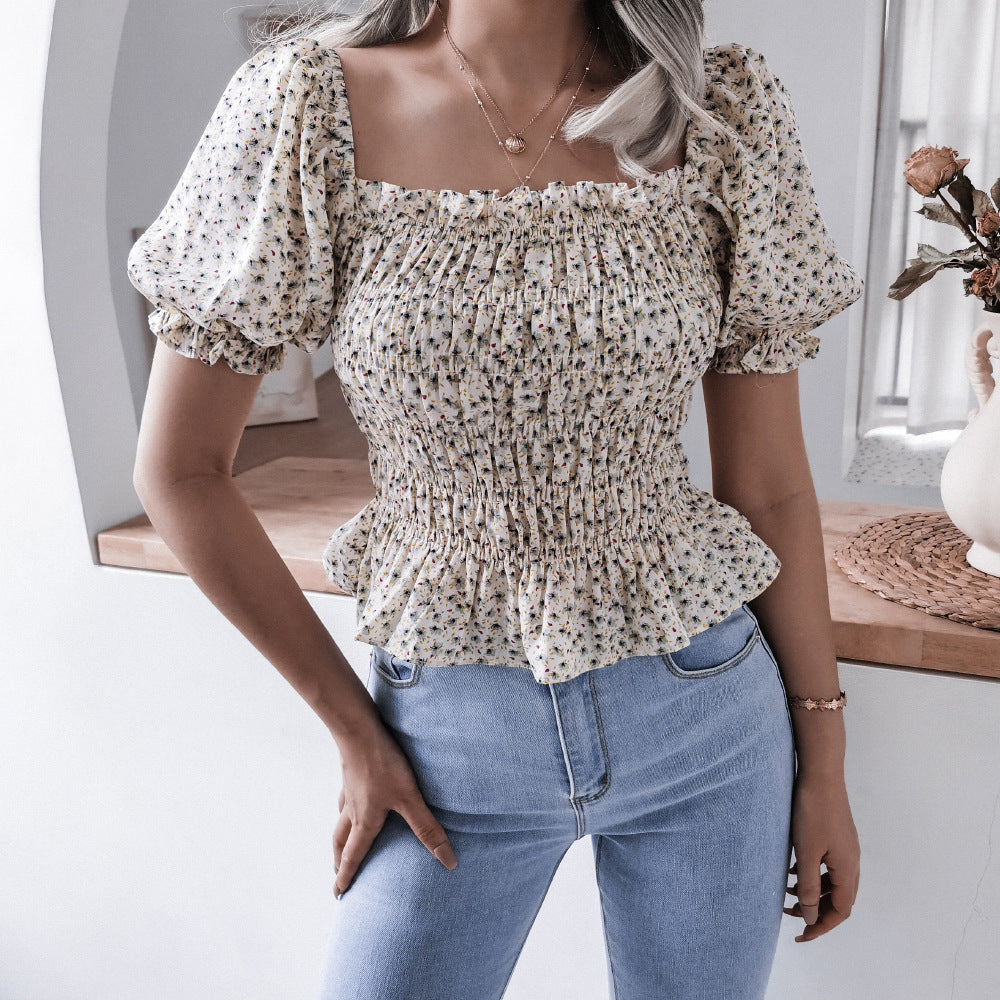 Square Neck Lantern Sleeve Ruffle Floral Chiffon Shirt Top