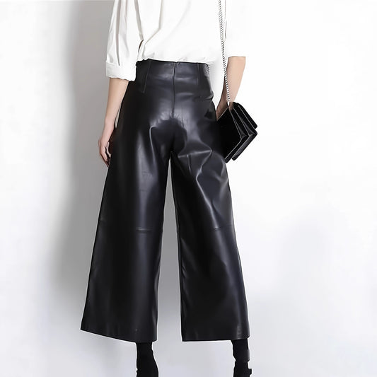 Solid-color Leather-patchwork Wide-leg Pants