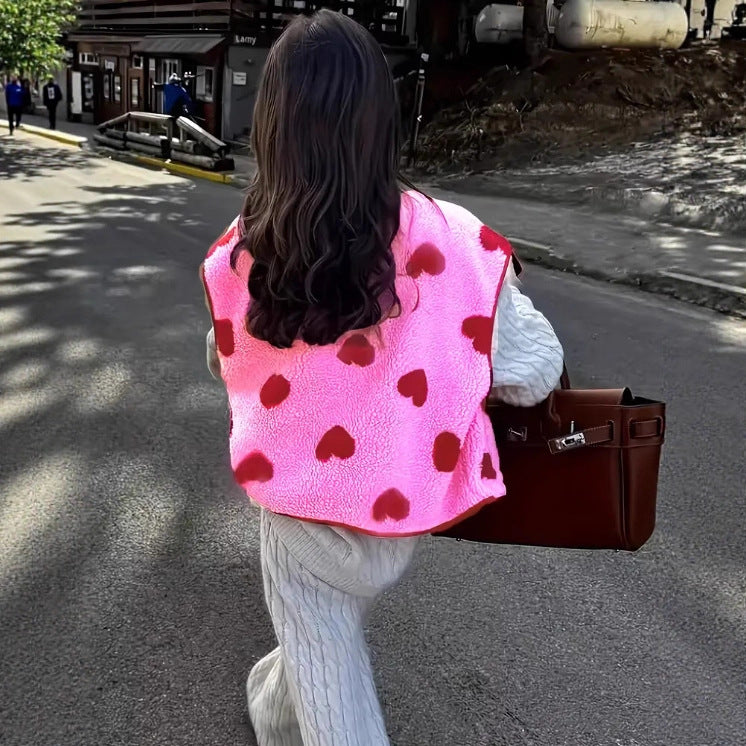 Women's Casual Lamb Fleece Heart Button Vest