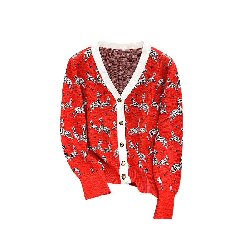 Red Western Style Zebra Jacquard V-neck Long-sleeved Coat For Women