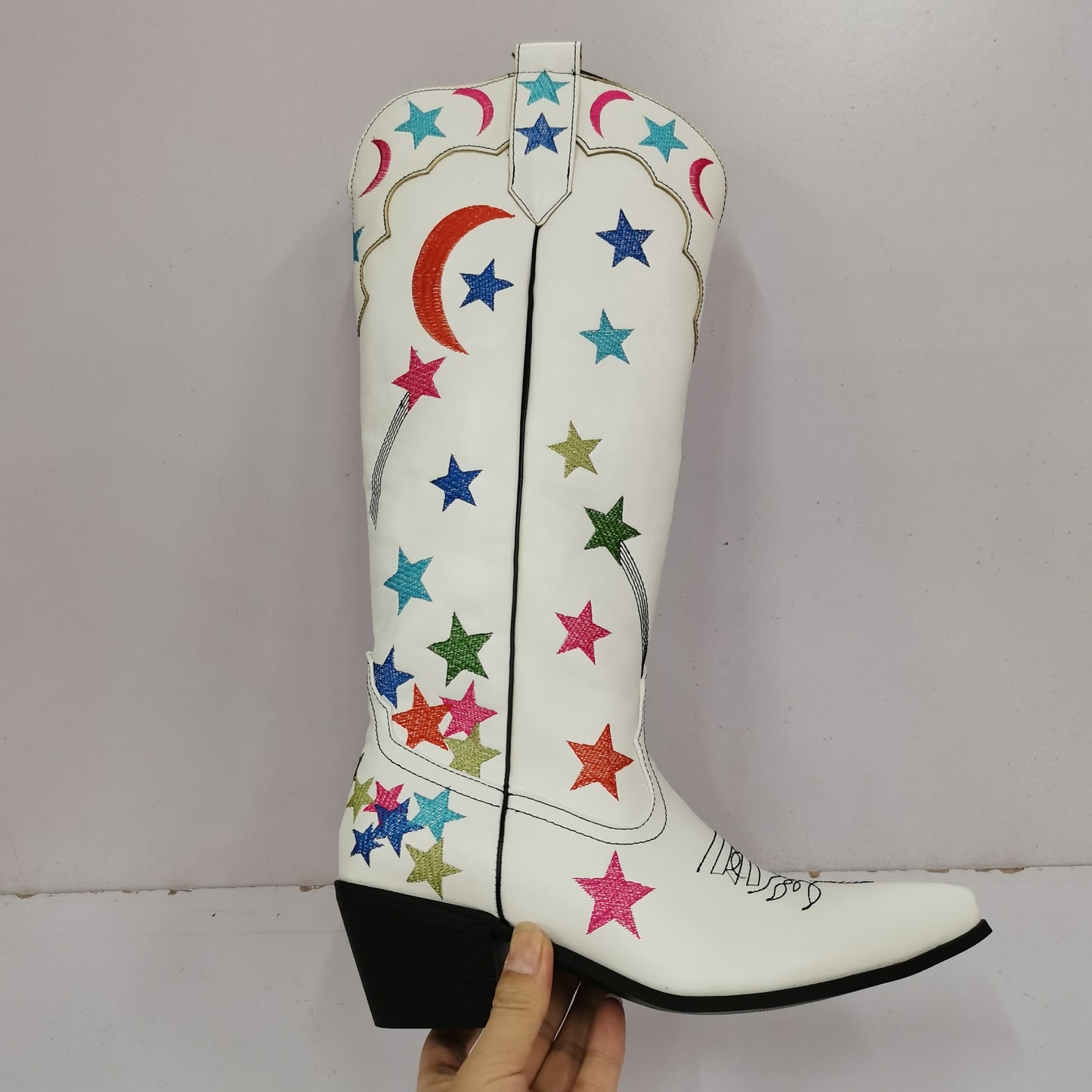 Thick Mid Heel Sleeve Western Star Moon Leather High Leg Boot