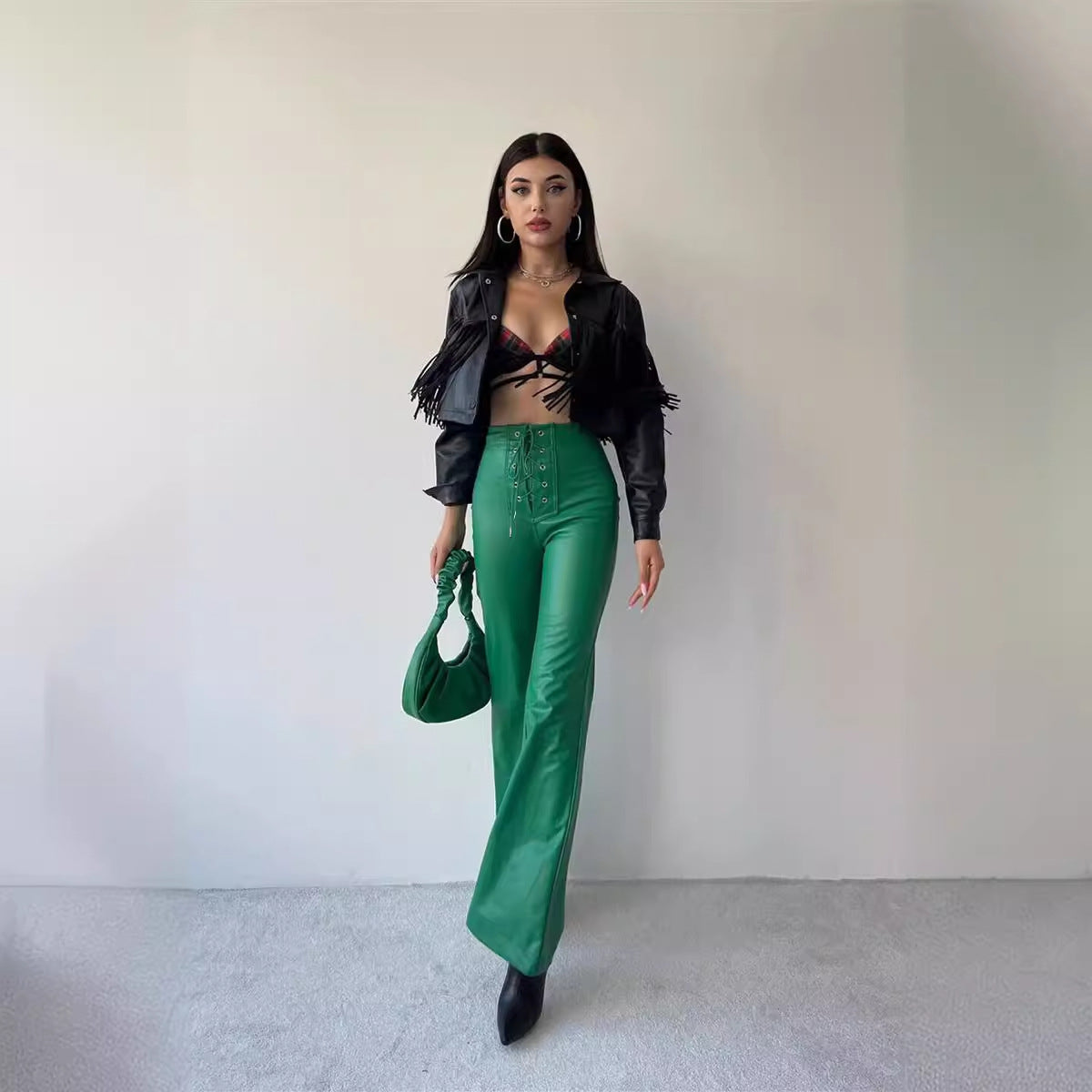 Women's Leather High Waist Stretch Metal Hole Lace-up Pants