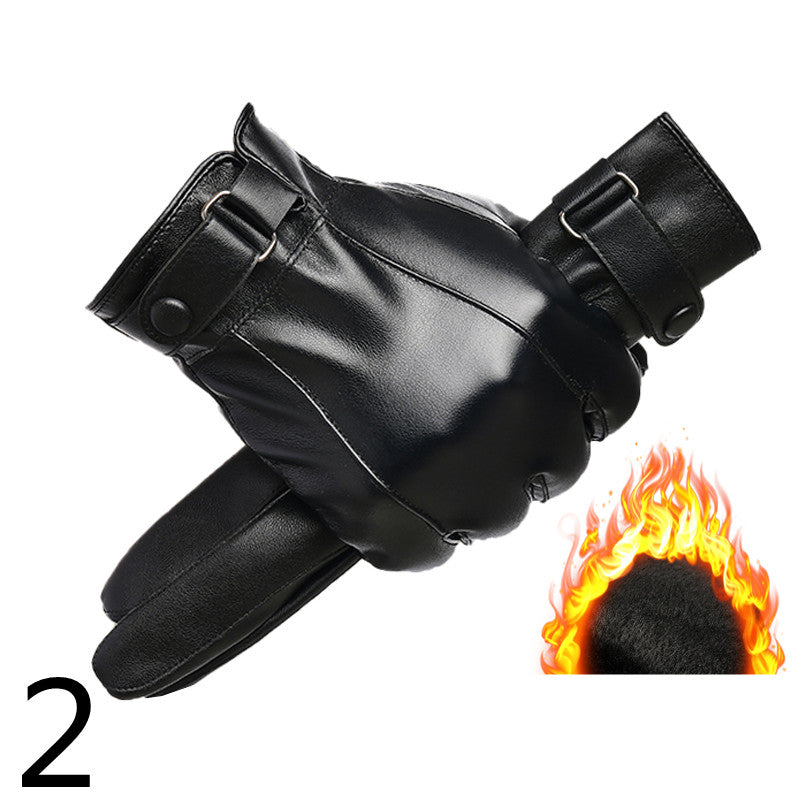 Men's Winter Riding Plus Velvet Thick Windproof Leather Gloves