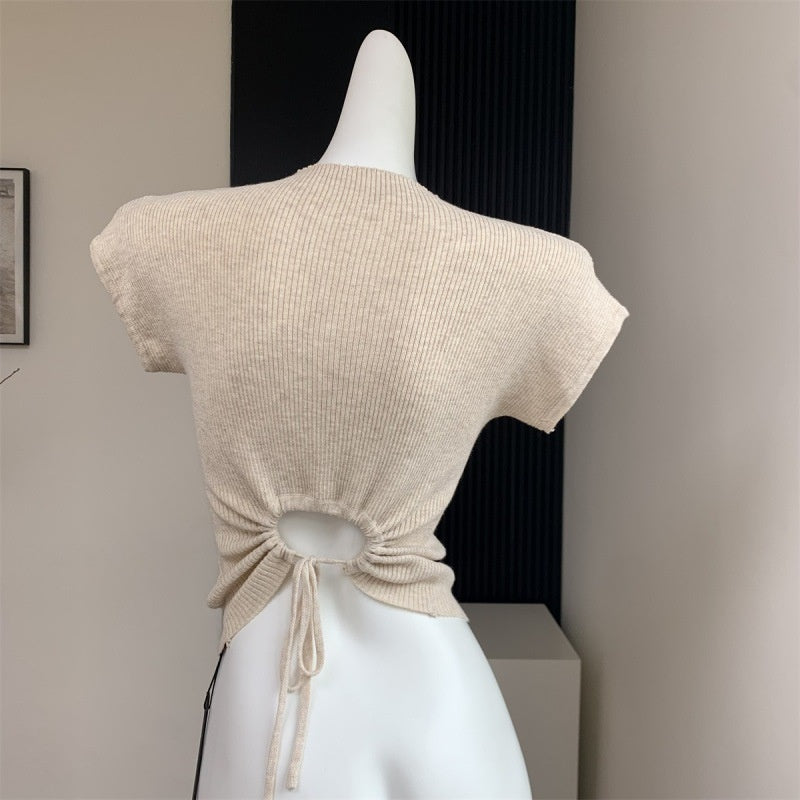 Back Strap Knitted Short-sleeved T-shirt Women's Slim-fit Short Knitted Top