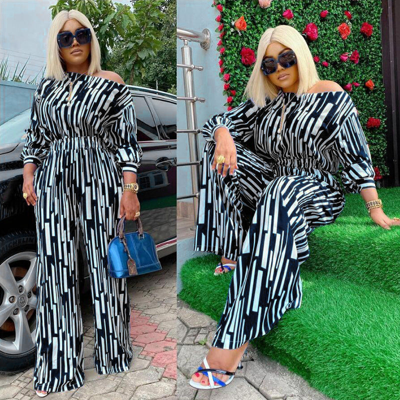 Printed Slant-Neckline Long-Sleeve Loose Casual Set