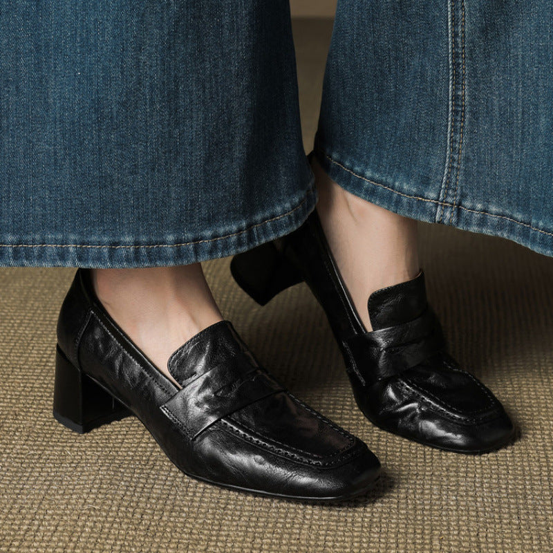 Womens Solid-Color Mid-Heel Retro Commuter Leather Square-Toe Pumps