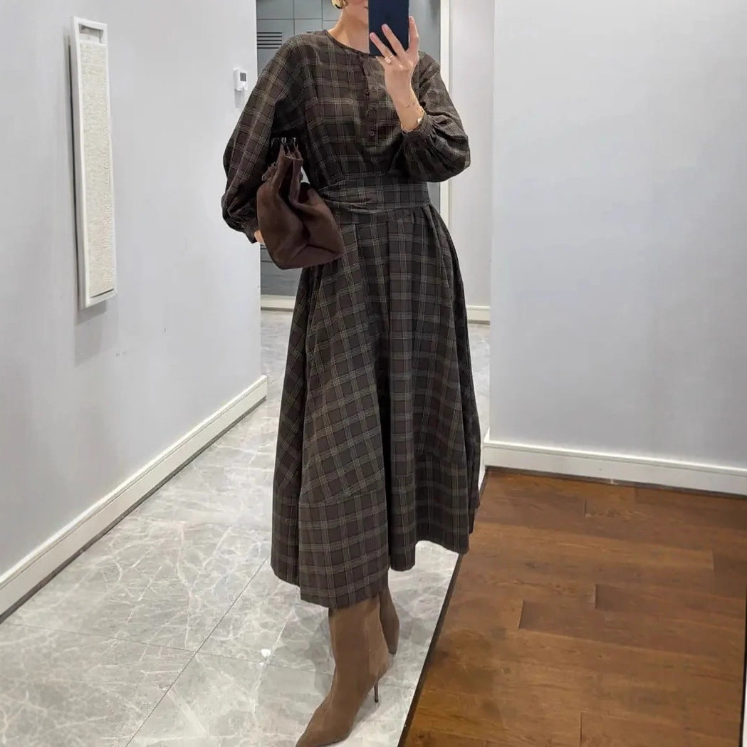 Plaid Digital Print Long-Sleeve Crew-Neck Dress