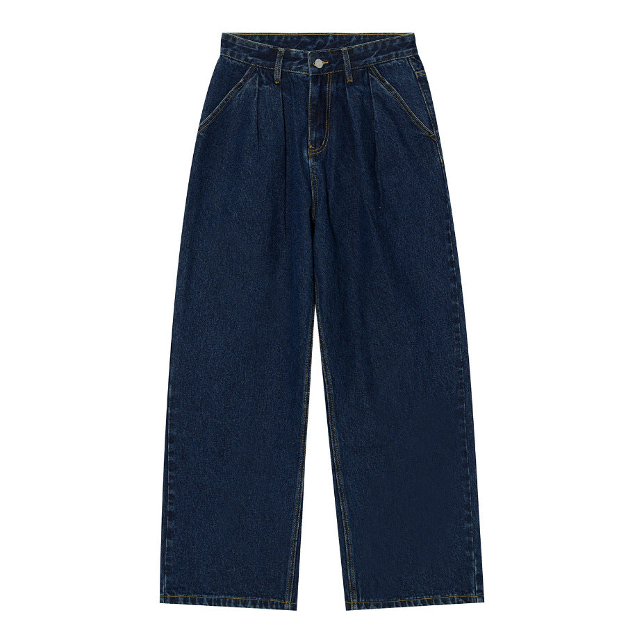 Mid-waist Wide Leg Straight Solid Color Jeans For Men