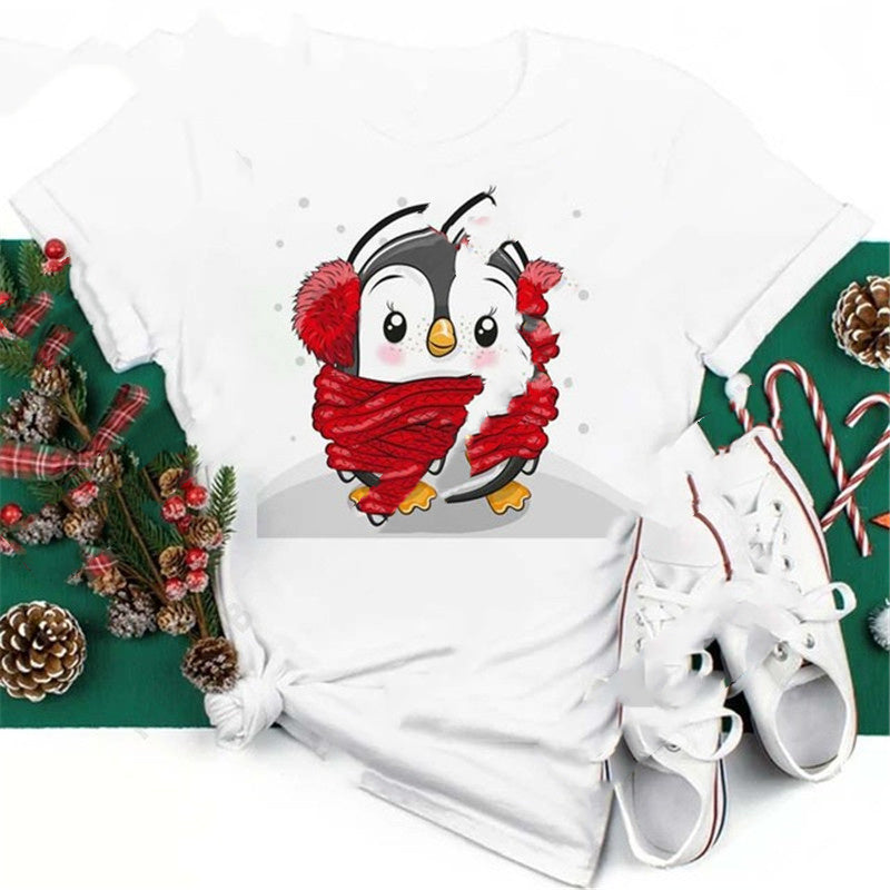 Christmas Penguin Owl Print Women's Black T-Shirt