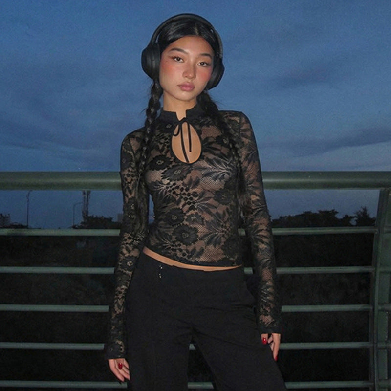 Chic, Sexy Lace Sheer Top With Long Sleeves And Lace-up Detailing