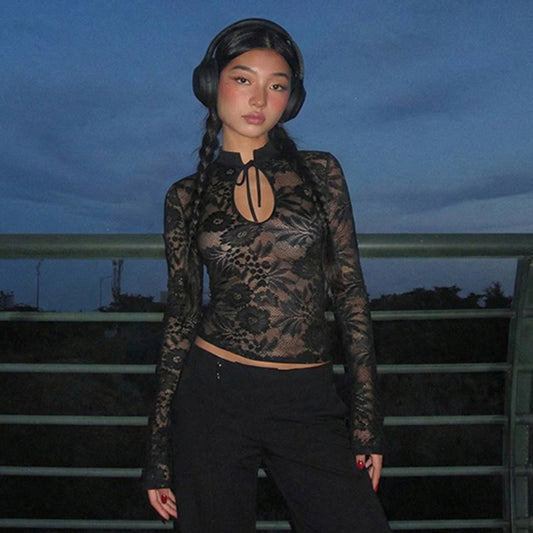 Chic, Sexy Lace Sheer Top With Long Sleeves And Lace-up Detailing