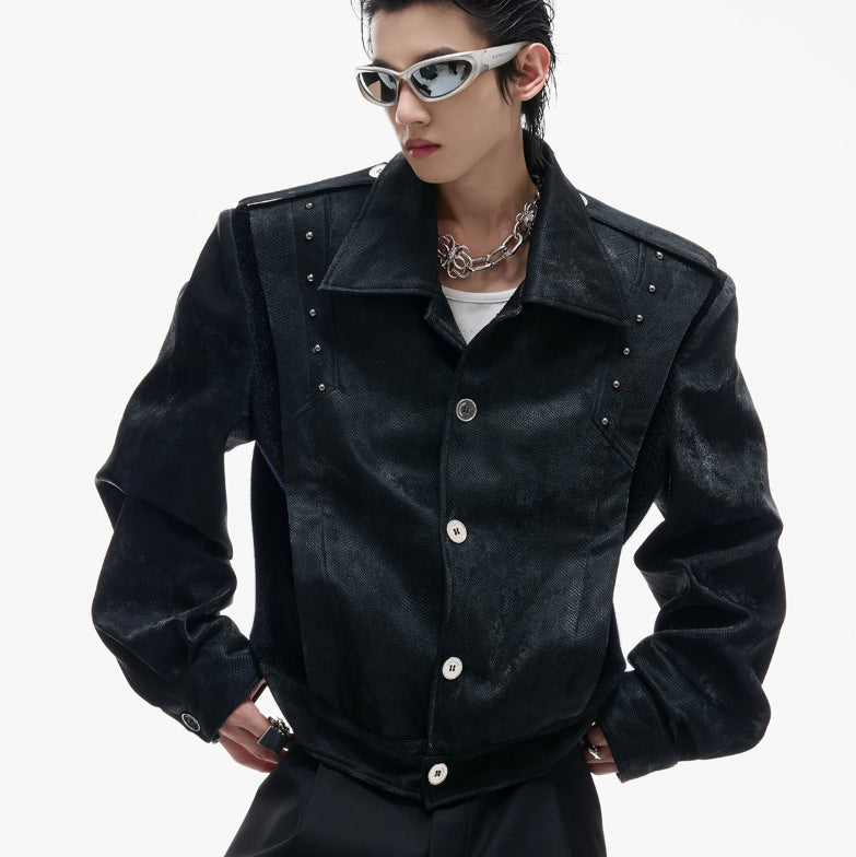 Heavy Rivet Embroidered Design Leather Short Jacket