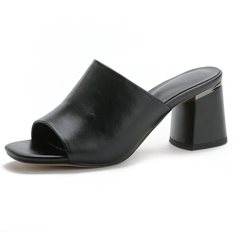 All Leather Fashion Square Toe Mid-high Heel Slippers